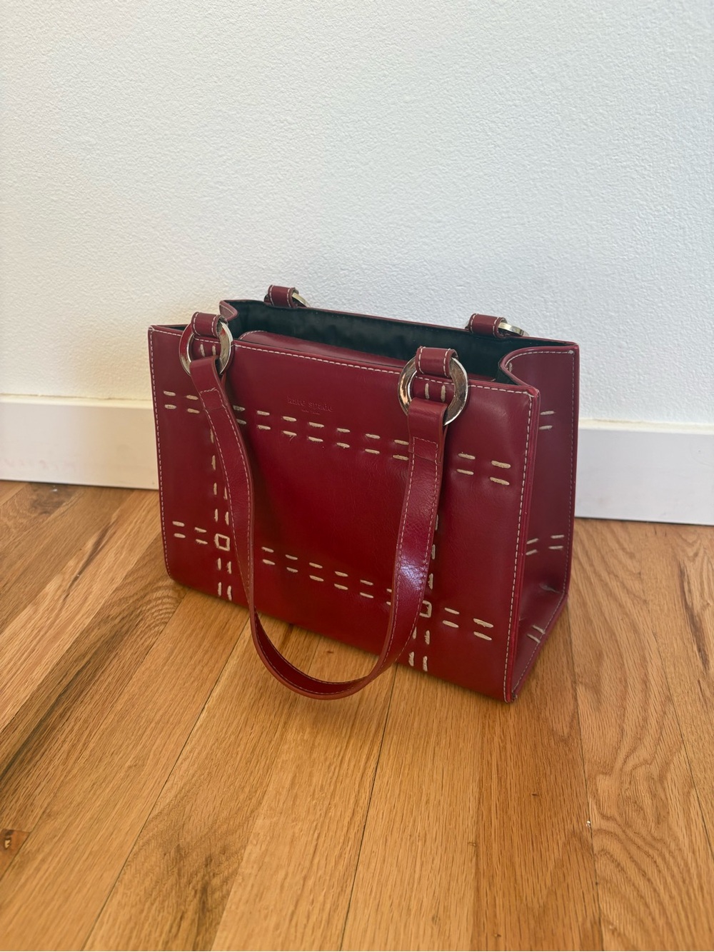 Kate Spade Vintage Structured Red Leather Top-Handle Women's Stitched Hand Bag